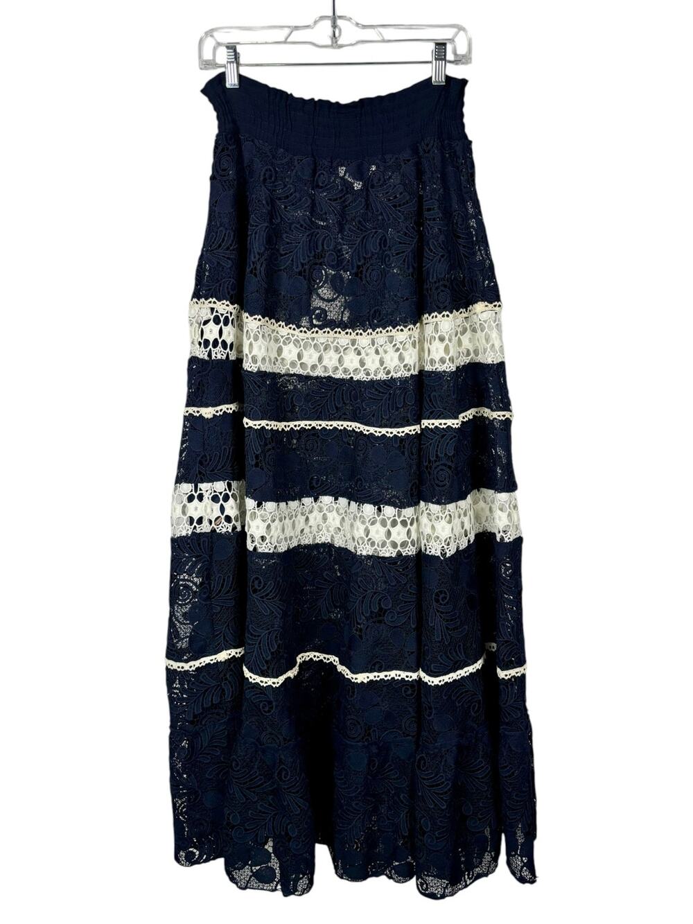 Alexis Konsta Navy Blue White Crochet Paneled Maxi Skirt NWT Deadstock Small